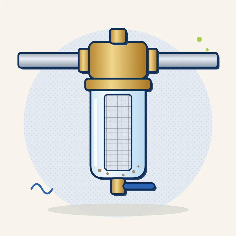 Ilustración: filtro autolimpiable de malla con cuerpo de latón, vaso transparente y válvula de purga