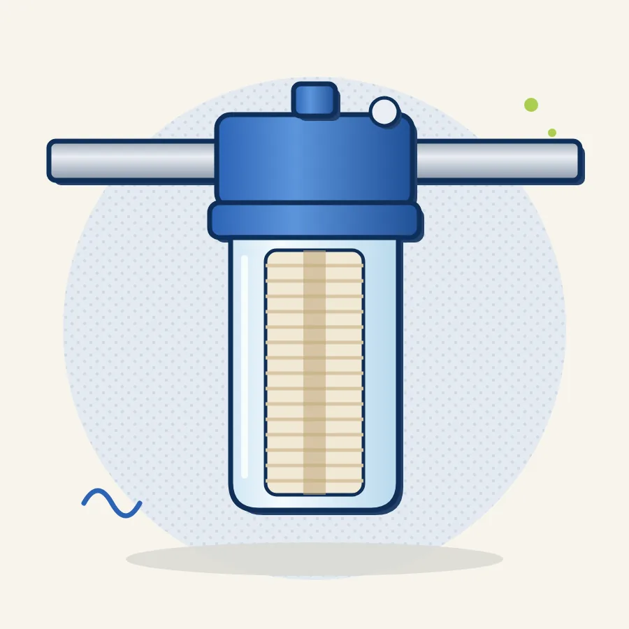 Ilustración: portafiltros de 10 pulgadas con vaso transparente y cartucho de sedimentos